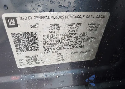 2018 Chevrolet Equinox Lt из США, поврежденный, VIN 3GNAXJEV8JL356766